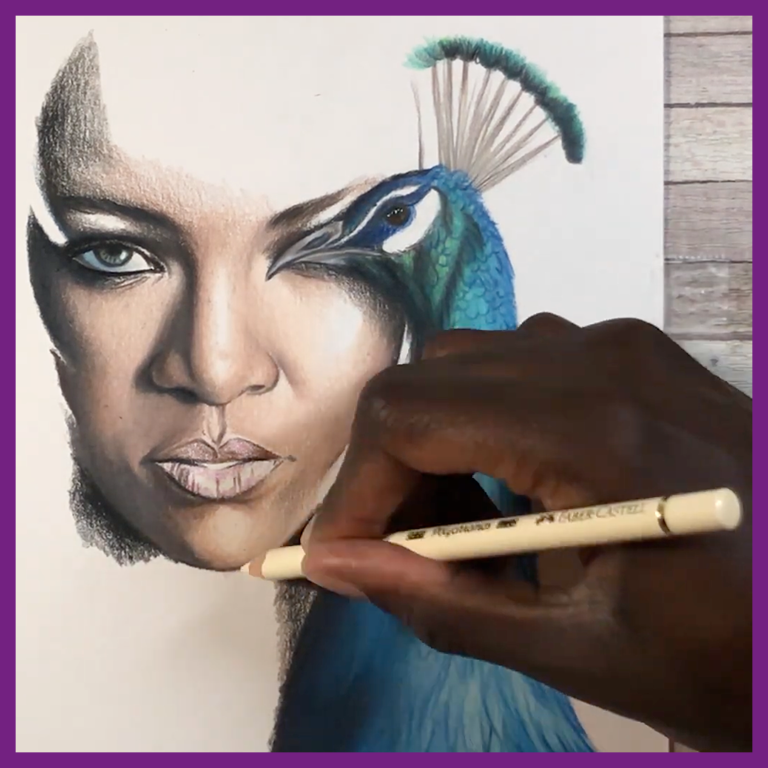 Une main d'un dessinateur est en train de réaliser un dessin d'un visage d'une femme et d'un faisan.
