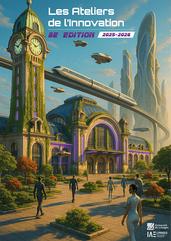 Affiche des Ateliers de l’Innovation – 8e édition 2025-2026 de l’Université de Limoges et de l’IAE Limoges. Illustration futuriste représentant la gare des Bénédictins à Limoges transformée avec une architecture végétalisée, des lumières violettes, un train à sustentation magnétique et des véhicules volants. Des personnes en tenue moderne marchent dans un espace arboré devant la gare, avec en arrière-plan des gratte-ciels futuristes.
